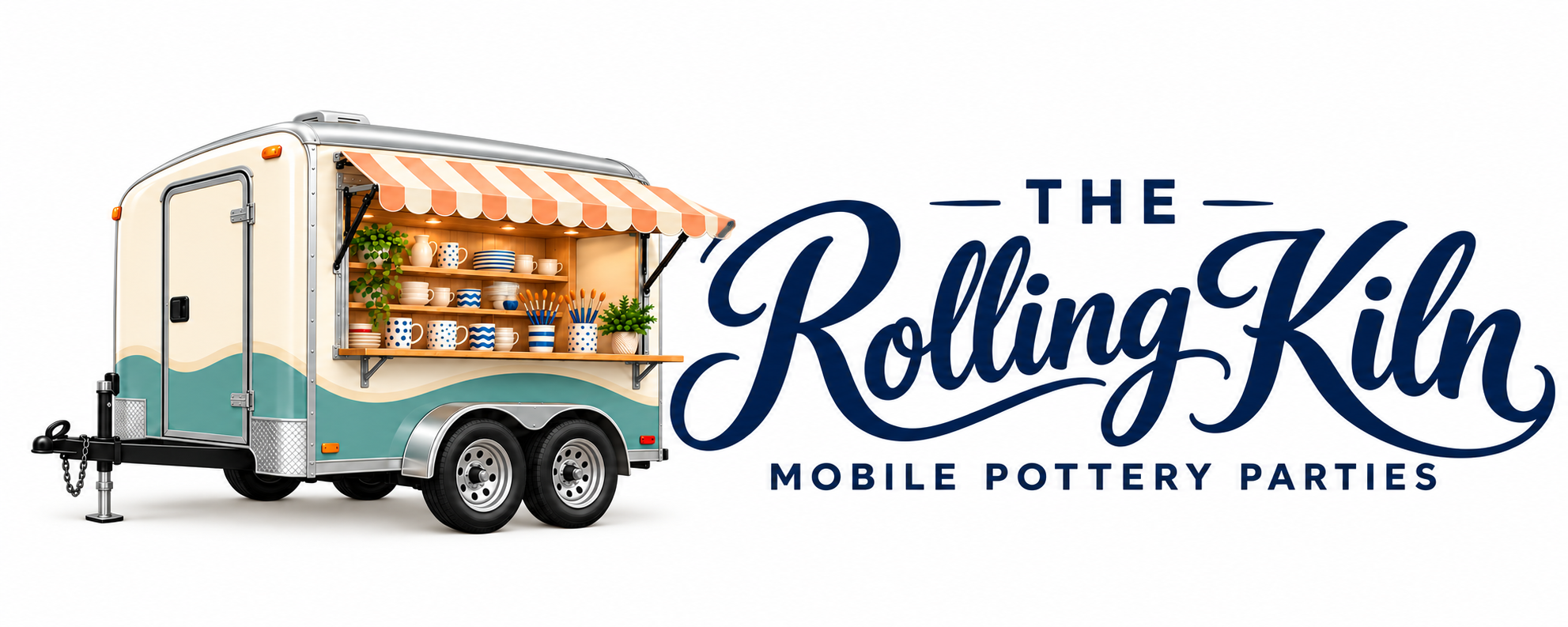 The Rolling Kiln mobile pottery parties logo with a pottery trailer